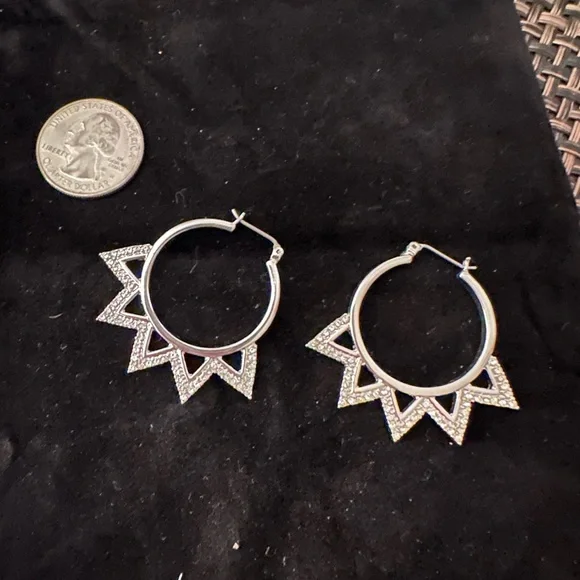 Silver Hoop Earrings with Geometric Rhinestone Design - Picture 2 of 3